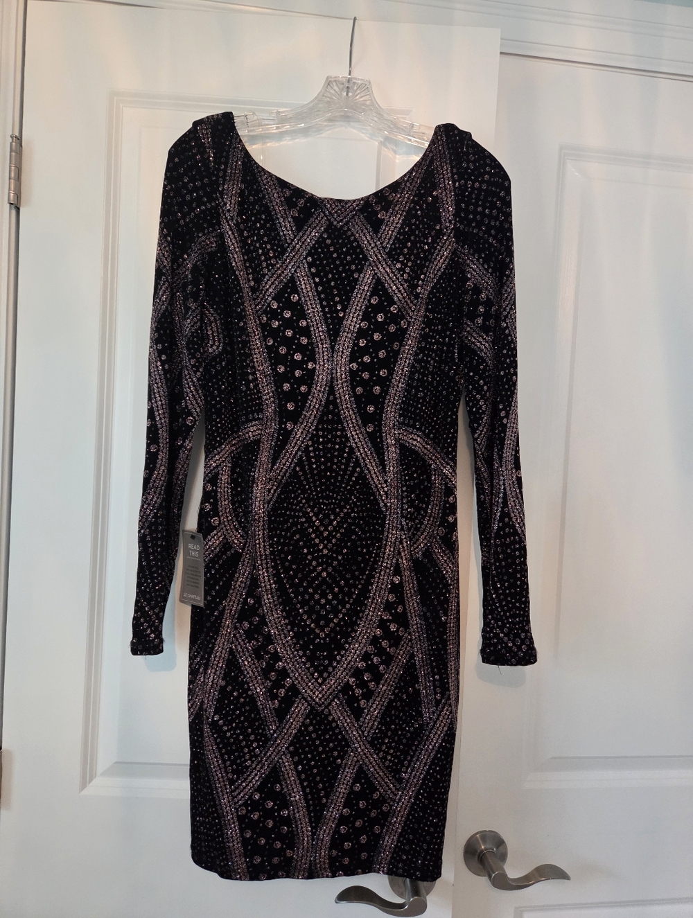le chateau Black Dress with Pink Beaded Geometric Design - Long Sleeve - Picture 5 of 5